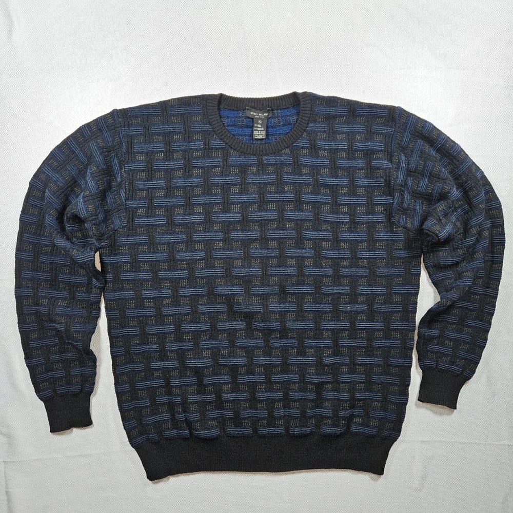 Mino Milano Men's XL Wool Blend Sweater Blue Black Basketweave Made In Italy